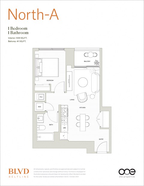 Floor plan for 1 bed, 1 bath, 559 sqft